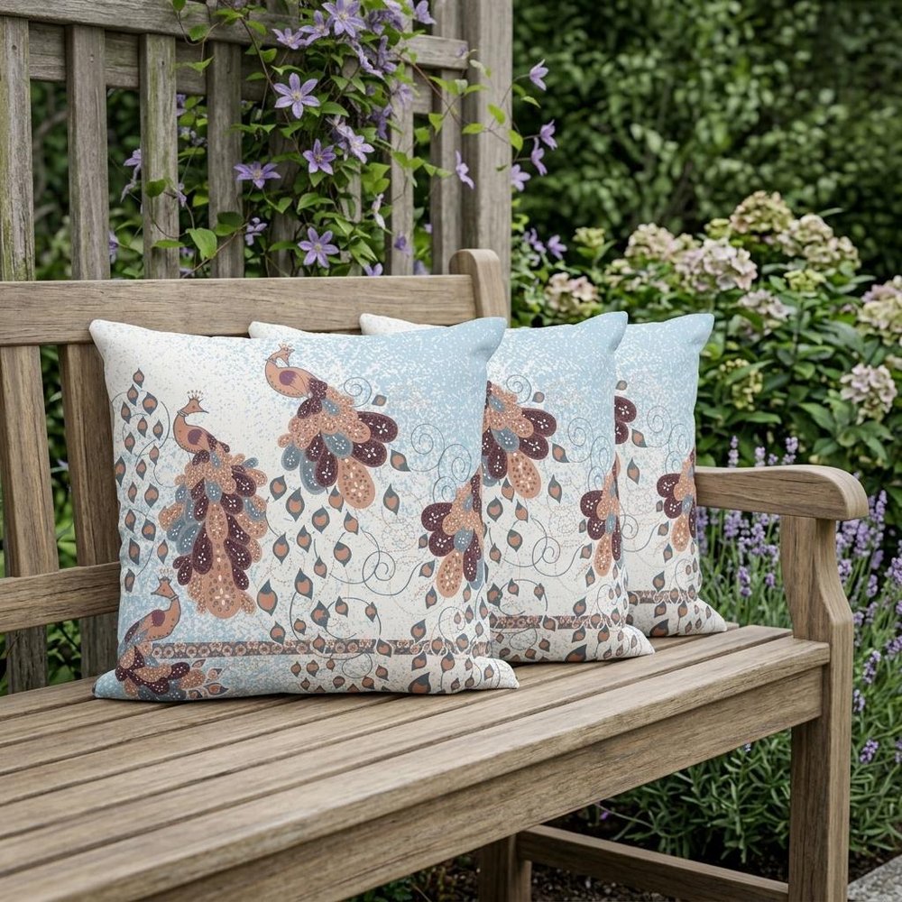 Set of Three 16" X 16" Blue and Brown Peacock Blown Seam Animal Print Indoor Outdoor Throw Pillow