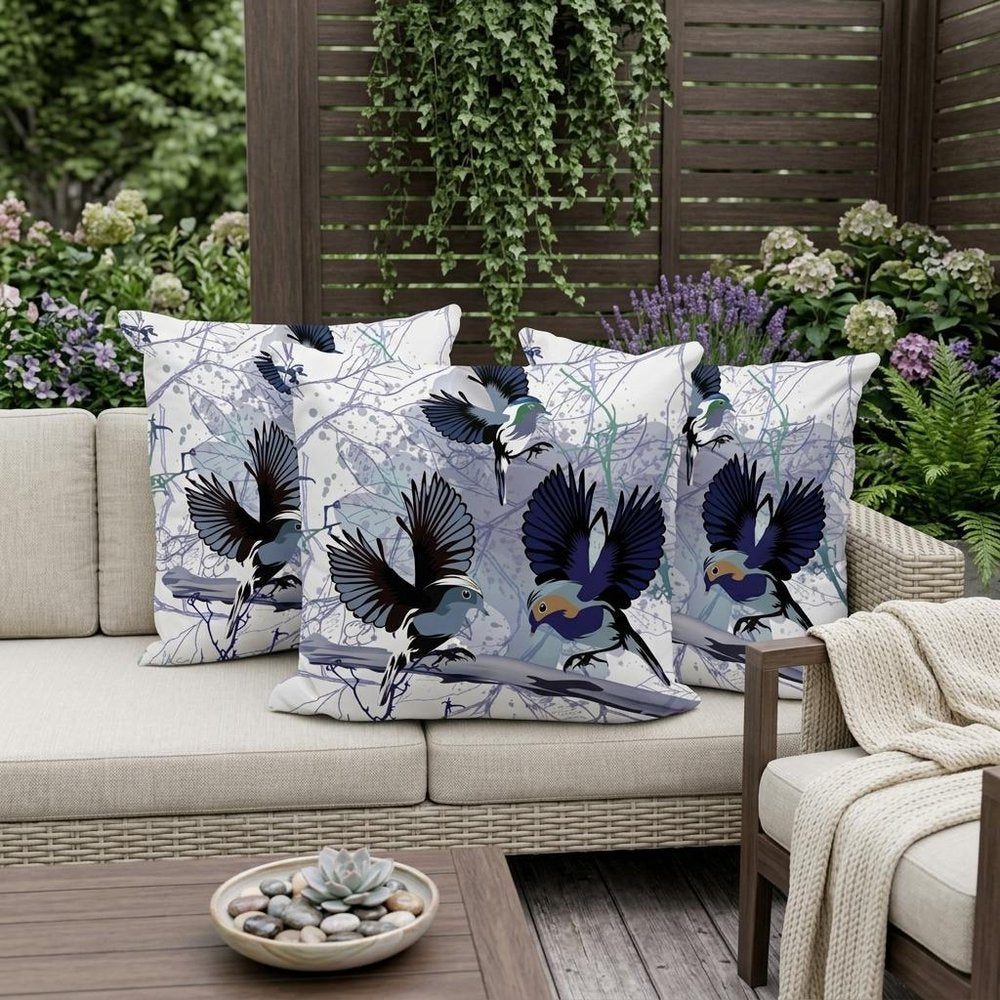 Set of Three 16" X 16" Black and White Bird Blown Seam Eclectic Indoor Outdoor Throw Pillow