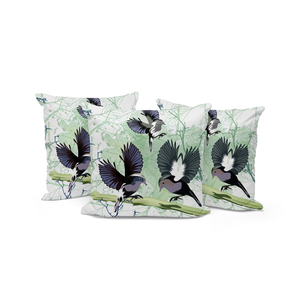 Set of Three 16" X 16" Green and White Bird Blown Seam Eclectic Indoor Outdoor Throw Pillow