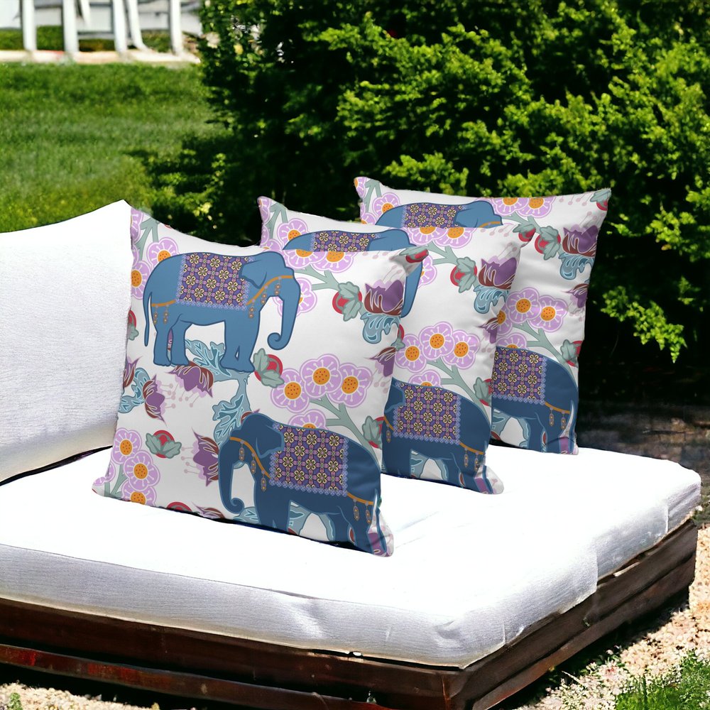 Set of Three 16" X 16" Blue and Gray Elephant Blown Seam Floral Indoor Outdoor Throw Pillow
