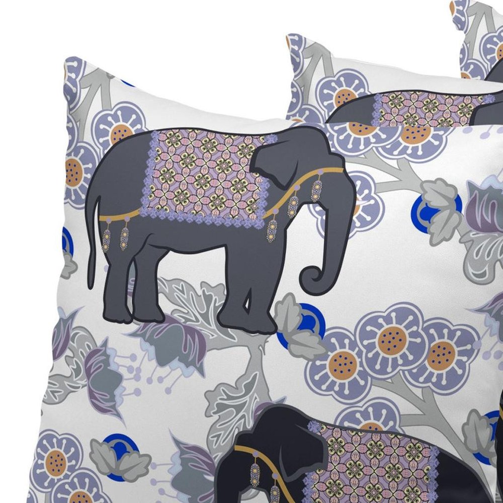 Set of Three 16" X 16" Black and Gray Elephant Blown Seam Floral Indoor Outdoor Throw Pillow