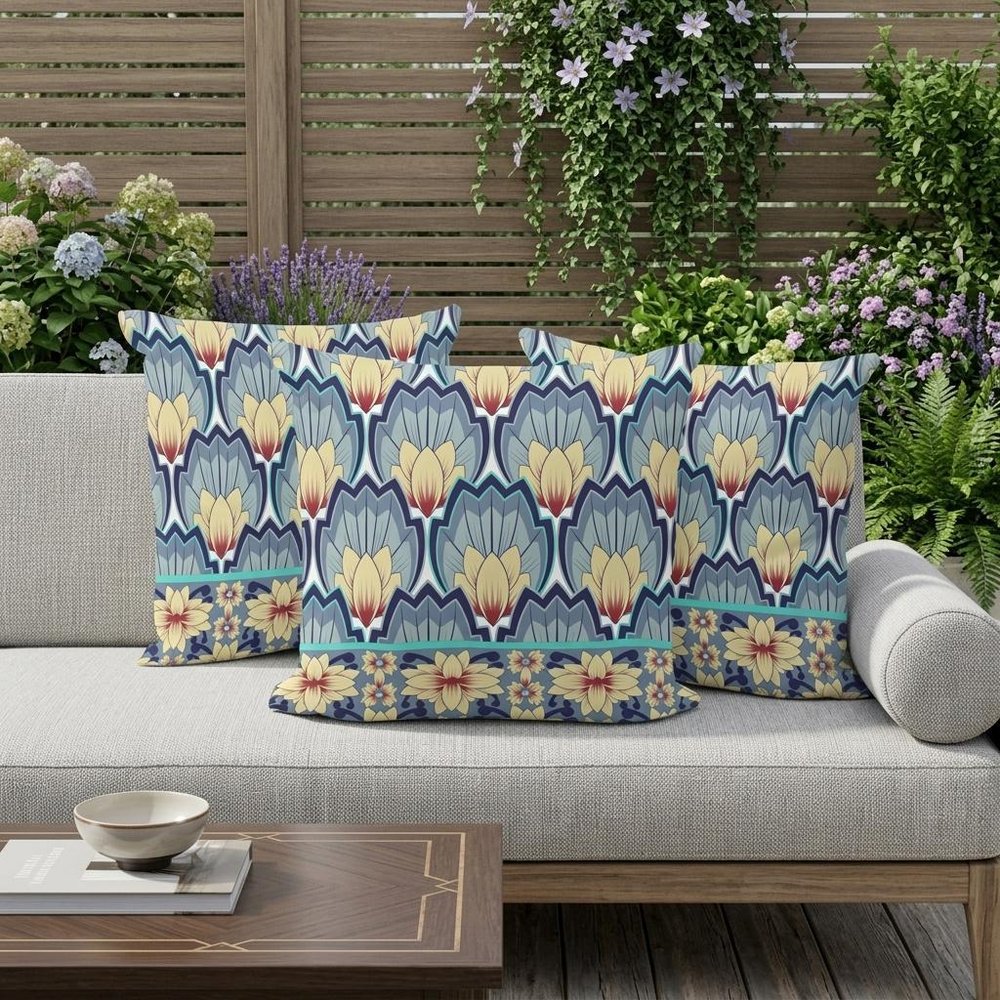 Set of Three 16" Gray and Yellow Botanical Indoor Outdoor Throw Pillow Cover and Insert