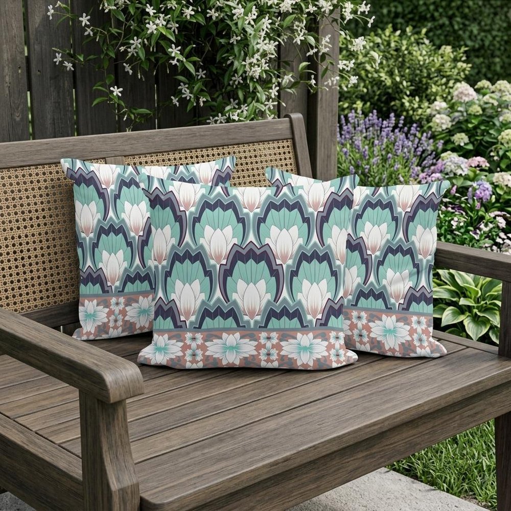Set of Three 16" Green and White Botanical Indoor Outdoor Throw Pillow Cover and Insert
