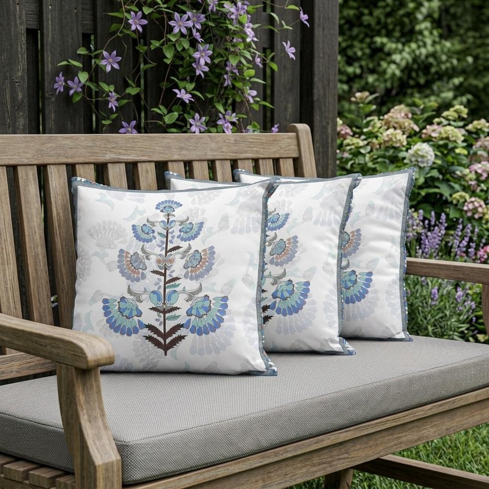 Set of Three 16" Blue and Off White Botanical Indoor Outdoor Throw Pillow Cover and Insert