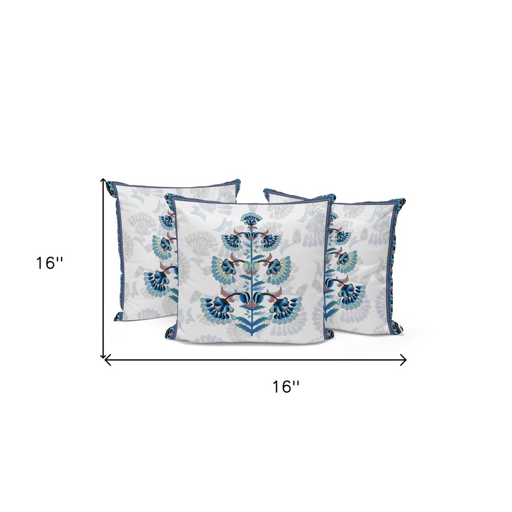 Set of Three 16" Blue and Off White Botanical Indoor Outdoor Throw Pillow Cover and Insert