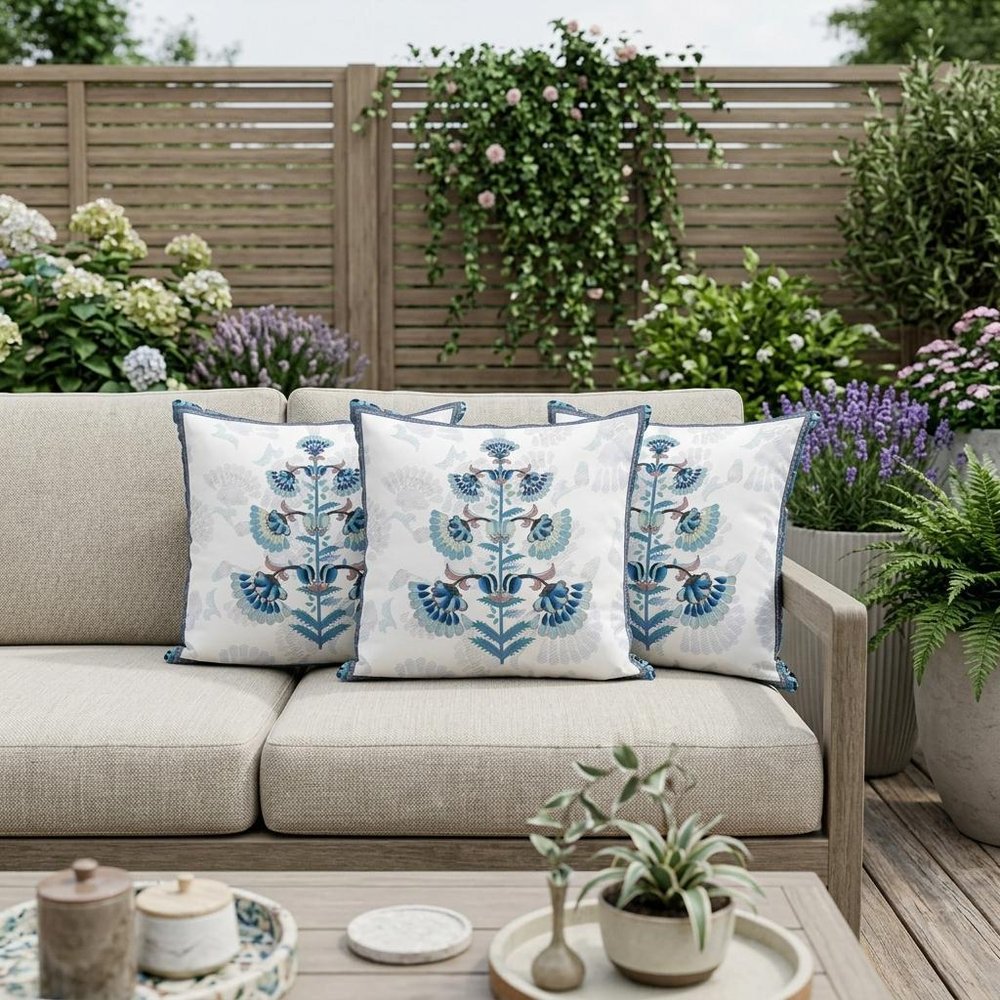 Set of Three 16" Blue and Off White Botanical Indoor Outdoor Throw Pillow Cover and Insert