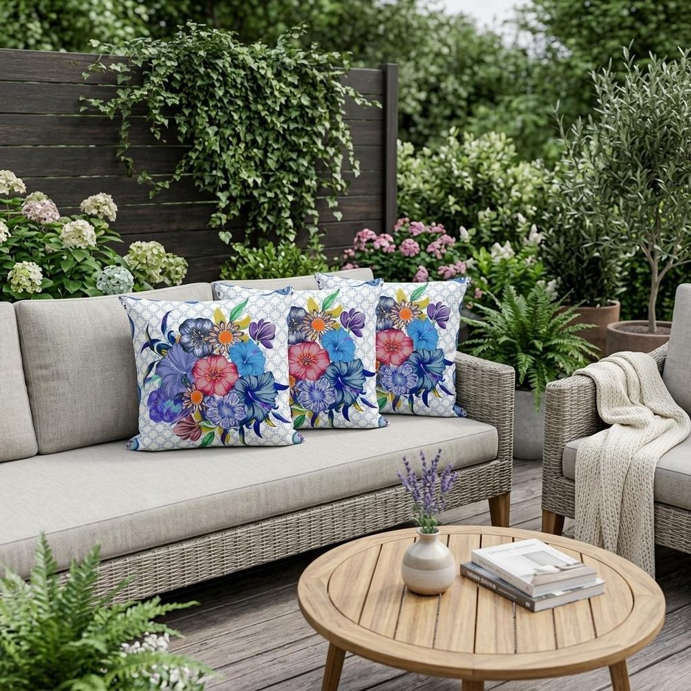 Set of Three 16" Blue and White Botanical Indoor Outdoor Throw Pillow Cover and Insert