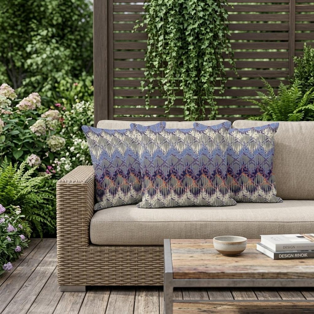 Set of Three 16" Gray and Purple Geometric Indoor Outdoor Throw Pillow Cover and Insert