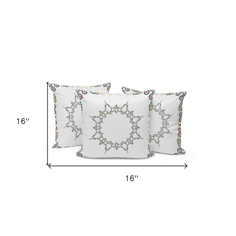 Set of Three 16" Green and White Botanical Indoor Outdoor Throw Pillow Cover and Insert