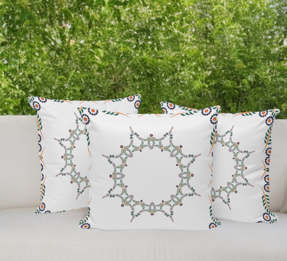 Set of Three 16" Green and White Botanical Indoor Outdoor Throw Pillow Cover and Insert