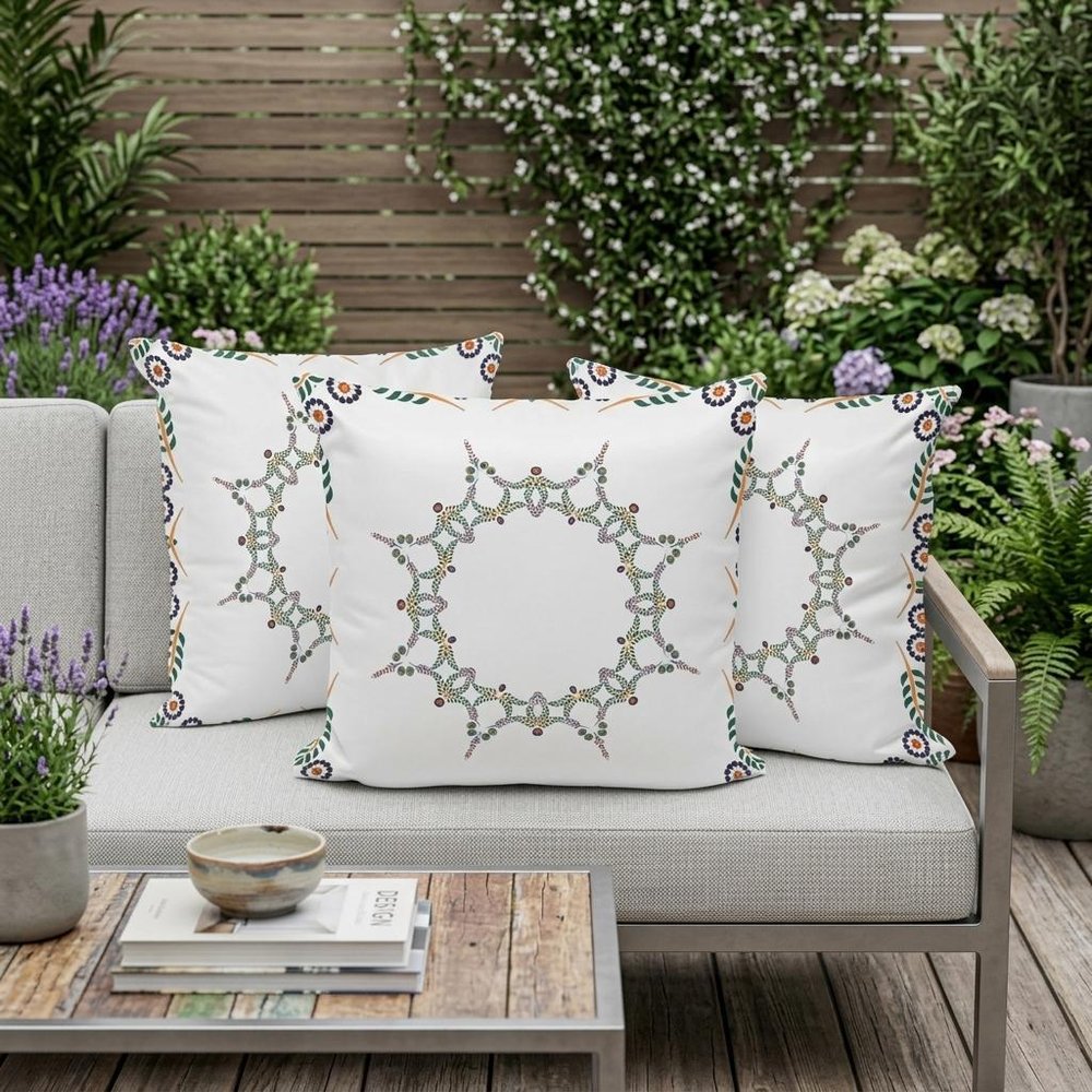 Set of Three 16" Green and White Botanical Indoor Outdoor Throw Pillow Cover and Insert