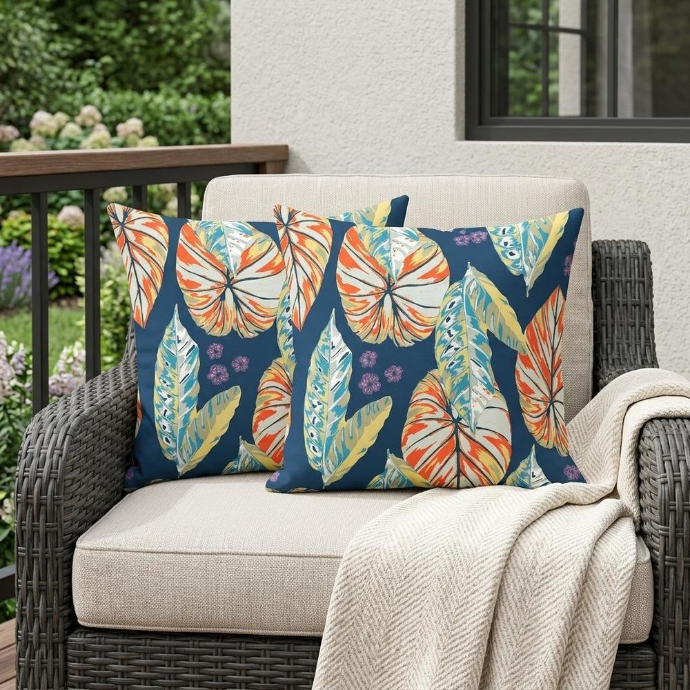 Set of Two 18" Orange Botanical Indoor Outdoor Throw Pillow Cover and Insert