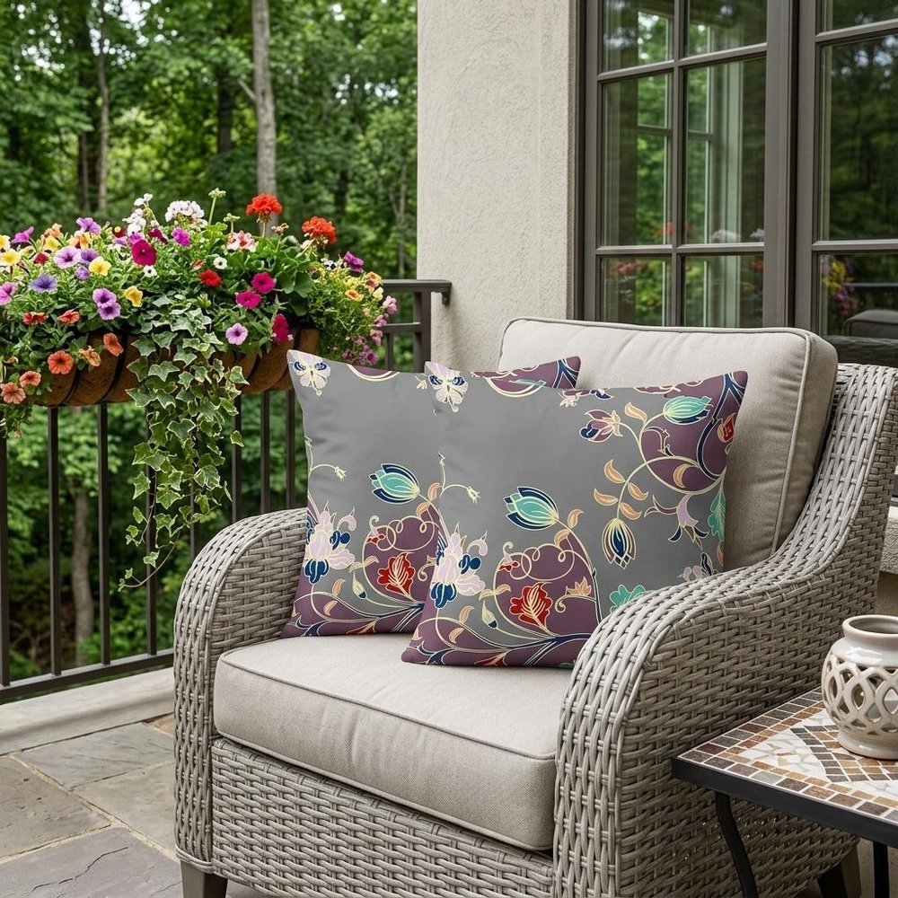 Set of Two 18" Purple Botanical Indoor Outdoor Throw Pillow Cover and Insert