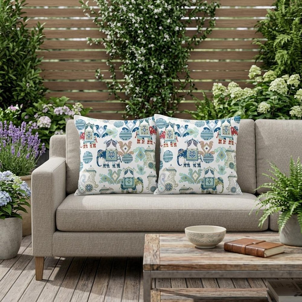 Set of Two 18" Blue Elephant Abstract Indoor Outdoor Throw Pillow Cover and Insert