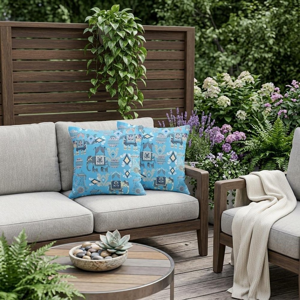 Set of Two 18" Blue Elephant Abstract Indoor Outdoor Throw Pillow Cover and Insert