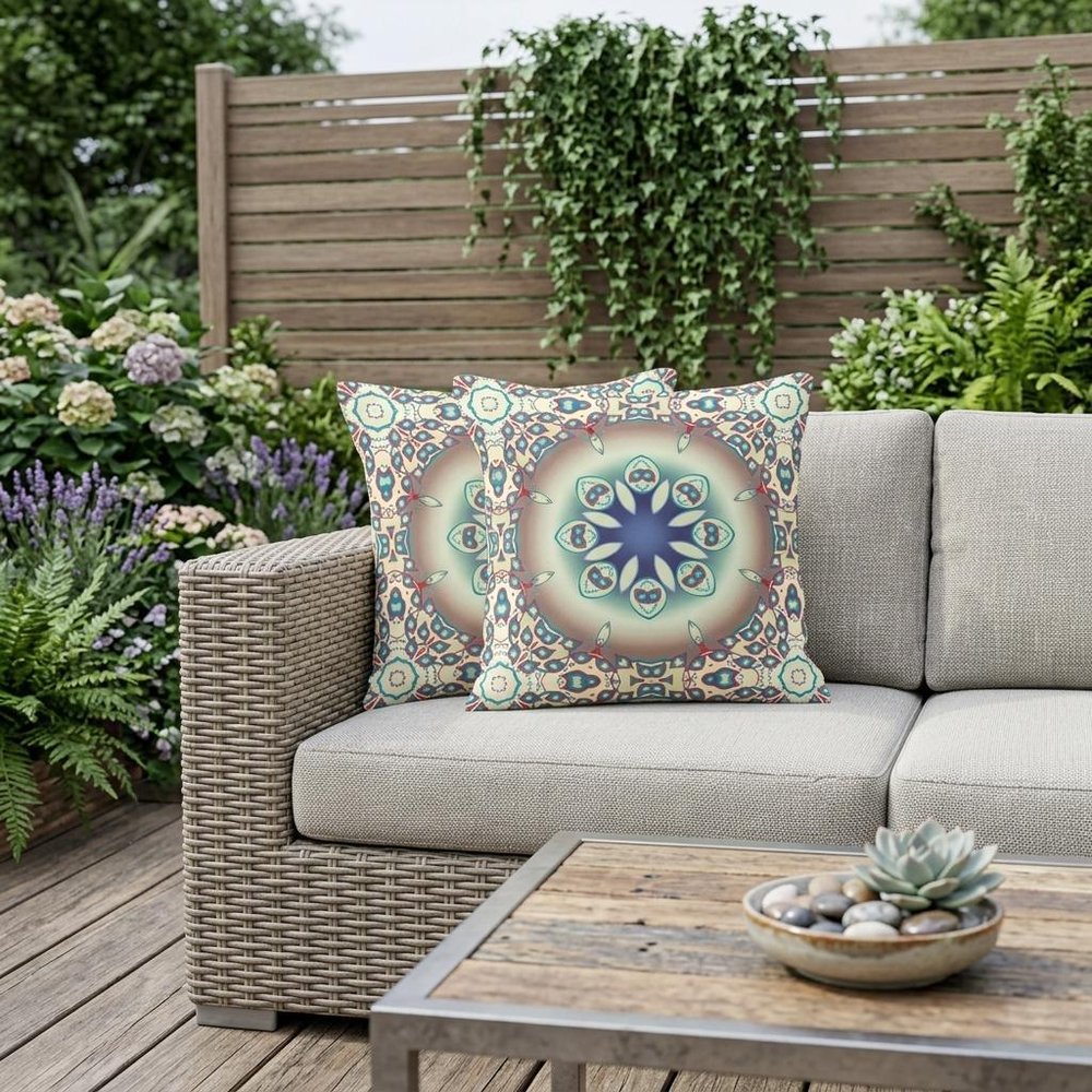 Set of Two 18" Beige Abstract Indoor Outdoor Throw Pillow Cover and Insert
