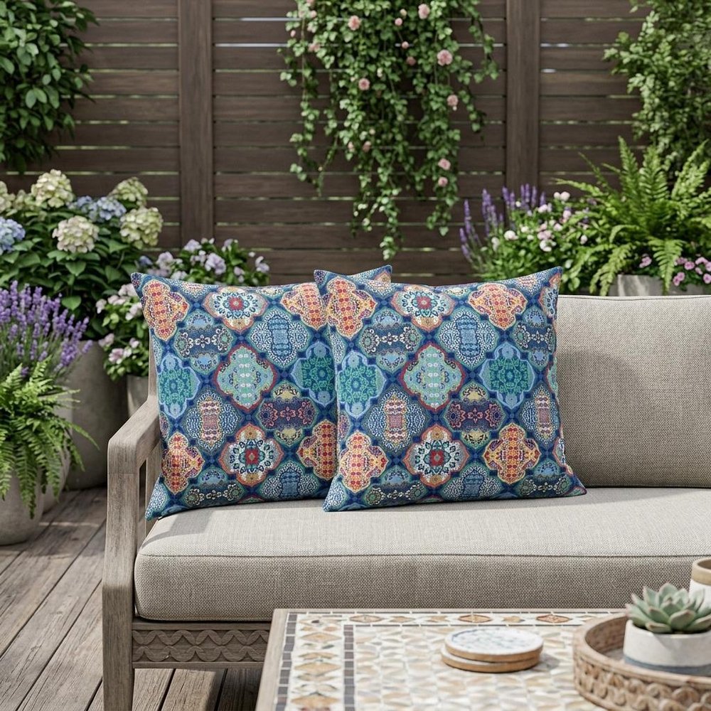 Set of Two 18" Turquoise Botanical Indoor Outdoor Throw Pillow Cover and Insert