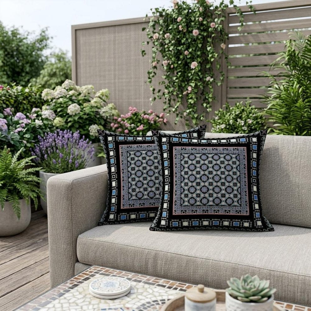 Set of Two 18" Black Botanical Indoor Outdoor Throw Pillow Cover and Insert