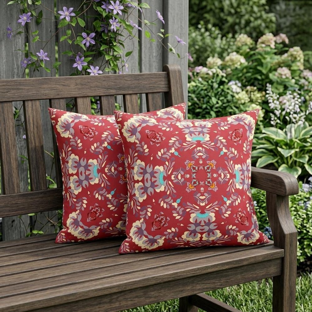 Set of Two 18" Red Geometric Indoor Outdoor Throw Pillow Cover and Insert