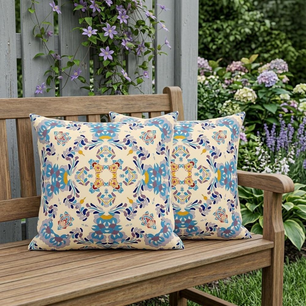Set of Two 18" Off White Geometric Indoor Outdoor Throw Pillow Cover and Insert