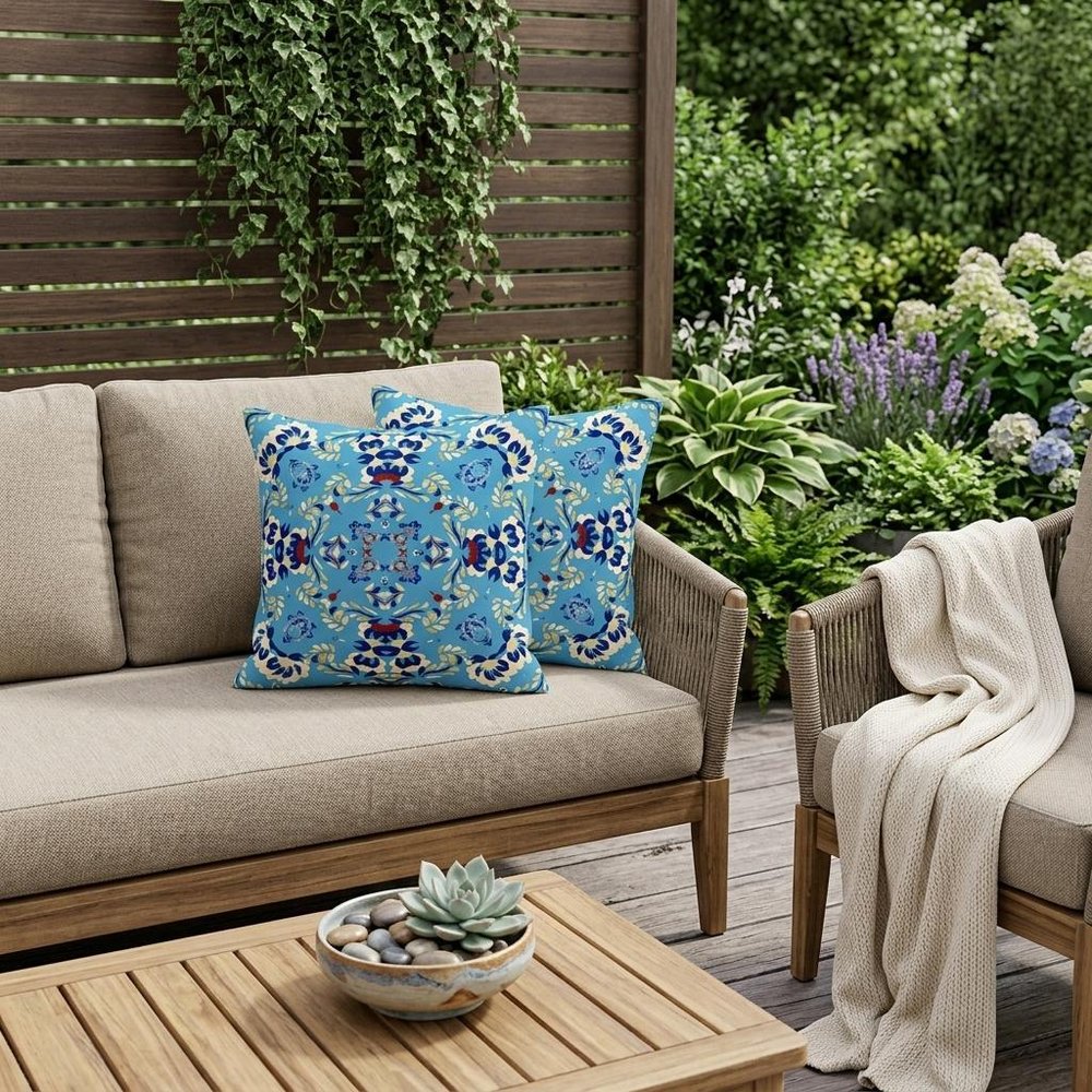 Set of Two 18" Blue Geometric Indoor Outdoor Throw Pillow Cover and Insert