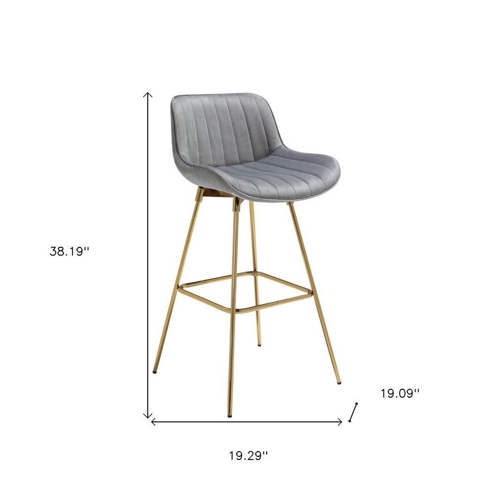 Set of Two 29" Gray and Gold Velvet and Metal Low Back Bar Height Swivel Bar Chairs