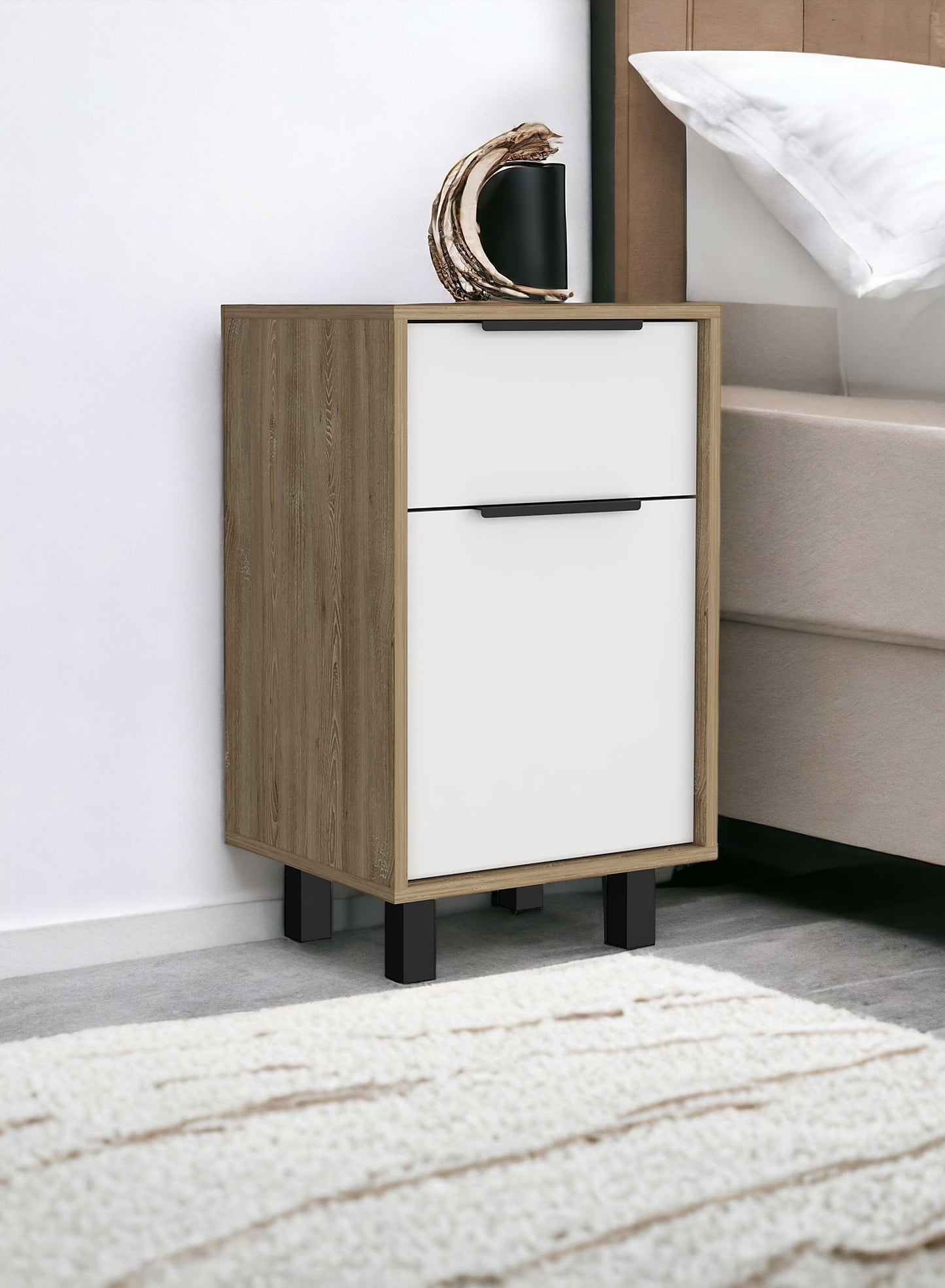 28" White And Natural Wood One Drawer Nightstand