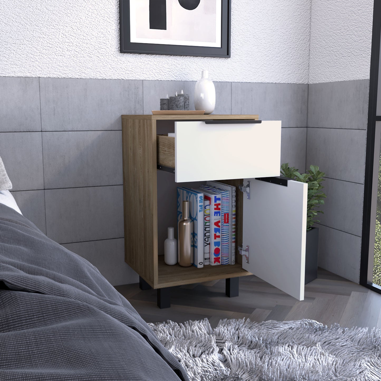 28" White And Natural Wood One Drawer Nightstand