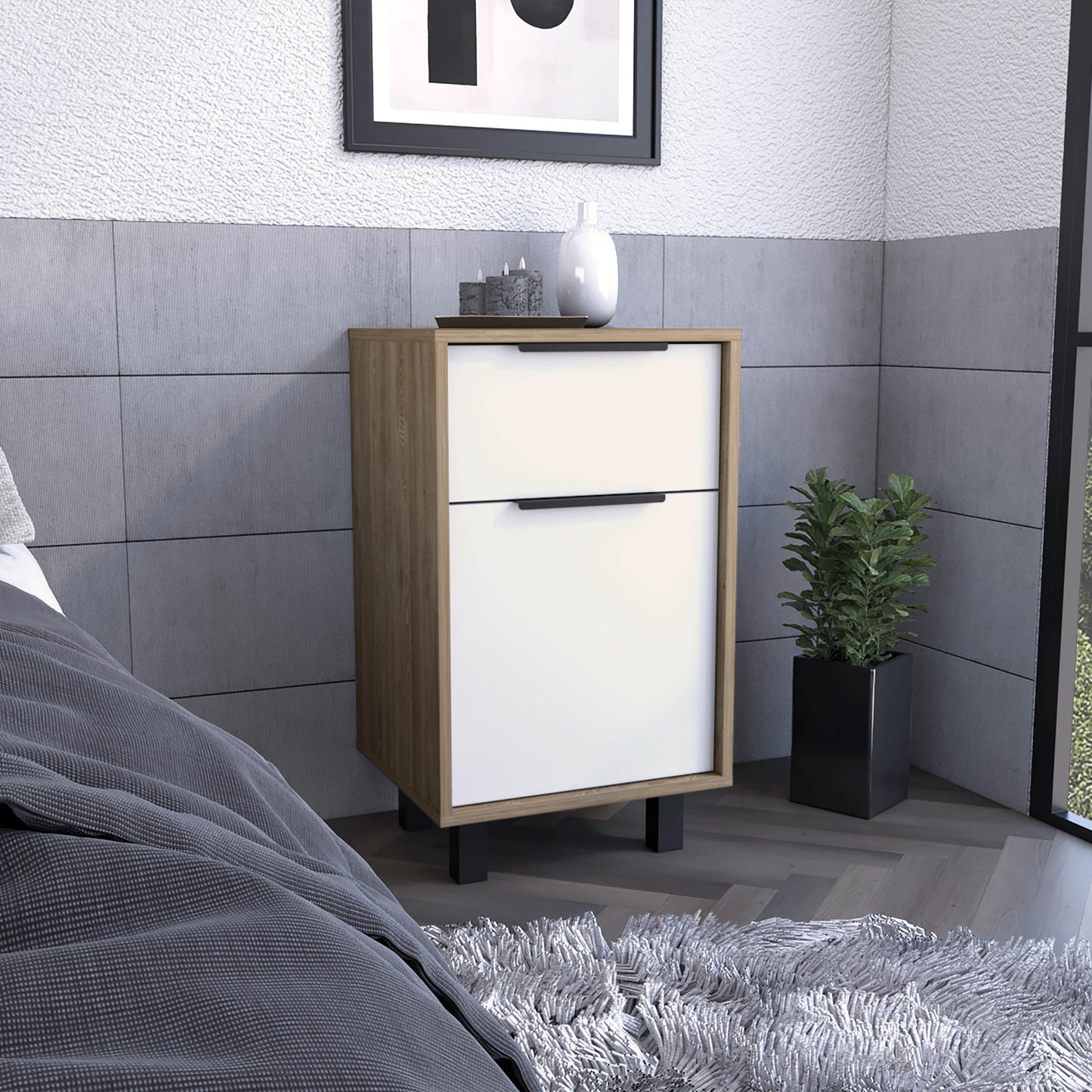 28" White And Natural Wood One Drawer Nightstand