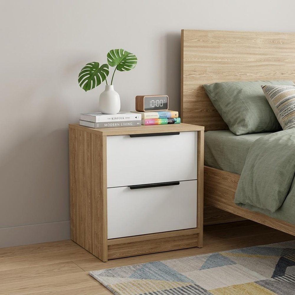 19" Natural And White Wood Two Drawer Nightstand