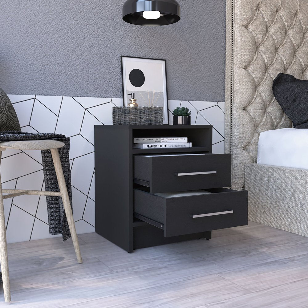 20" Black Two Drawer Faux Wood Nightstand