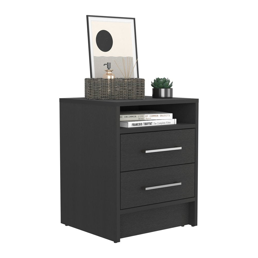 20" Black Two Drawer Faux Wood Nightstand