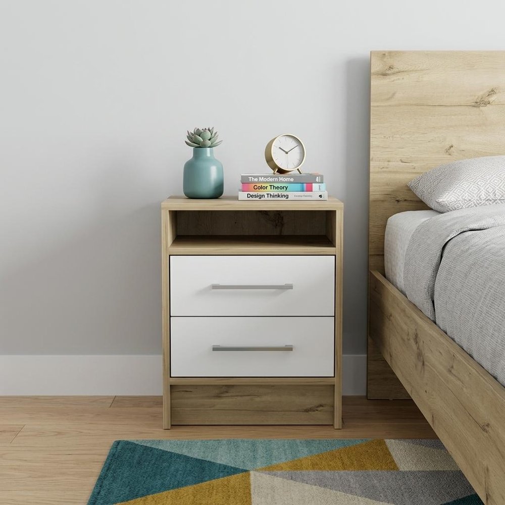 20" Natural And White Wood Two Drawer Nightstand