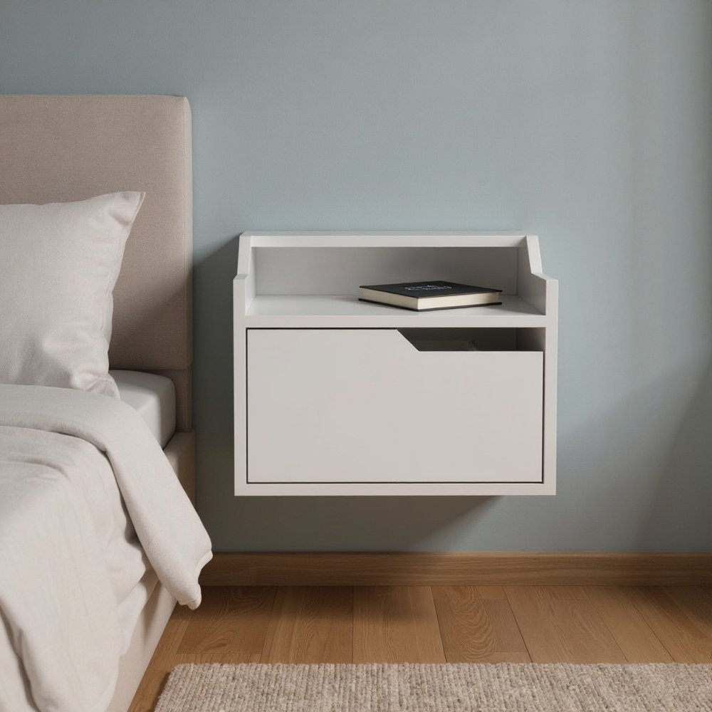 16" White Wood One Drawer Floating Nightstand