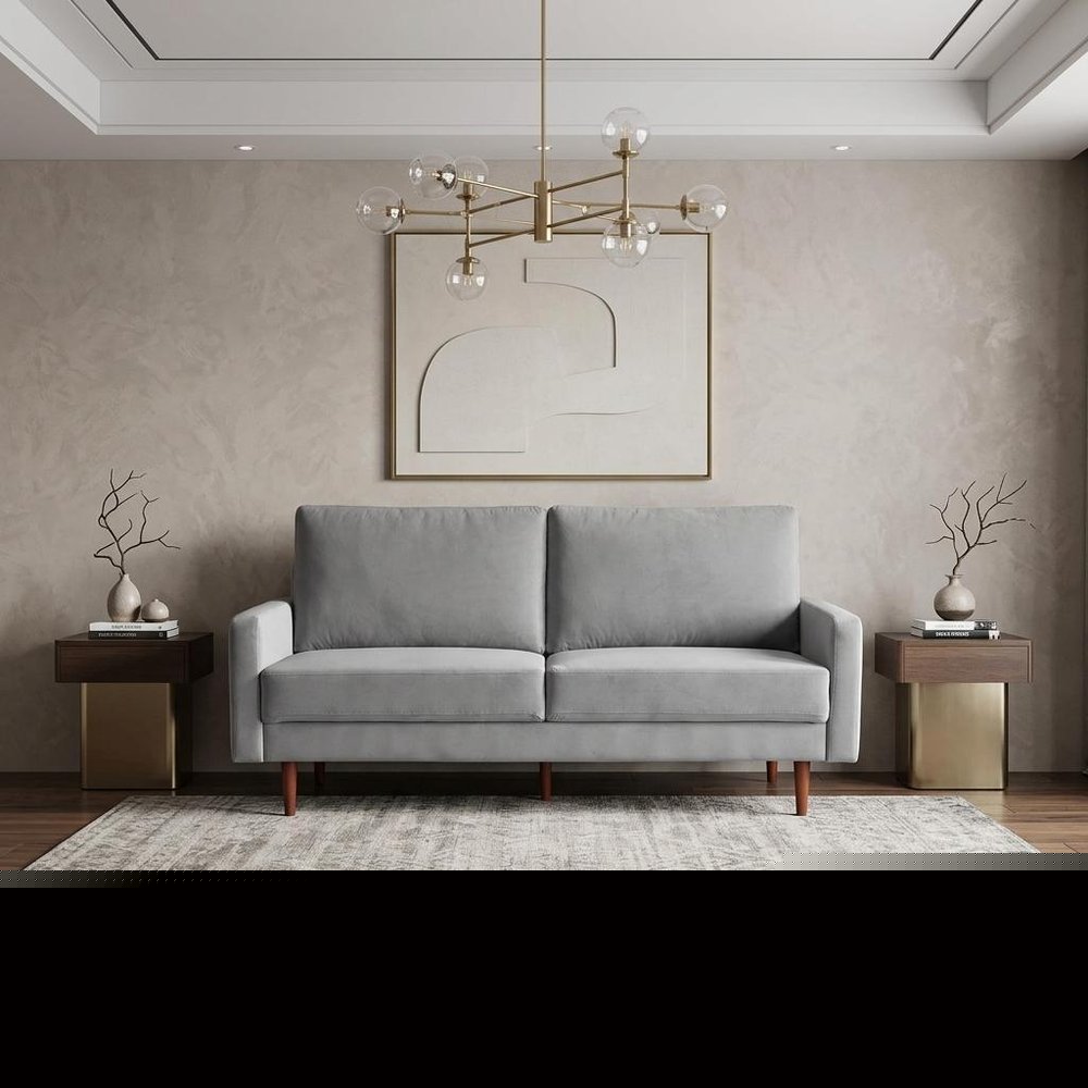69" Gray Velvet Sofa With Dark Brown Legs