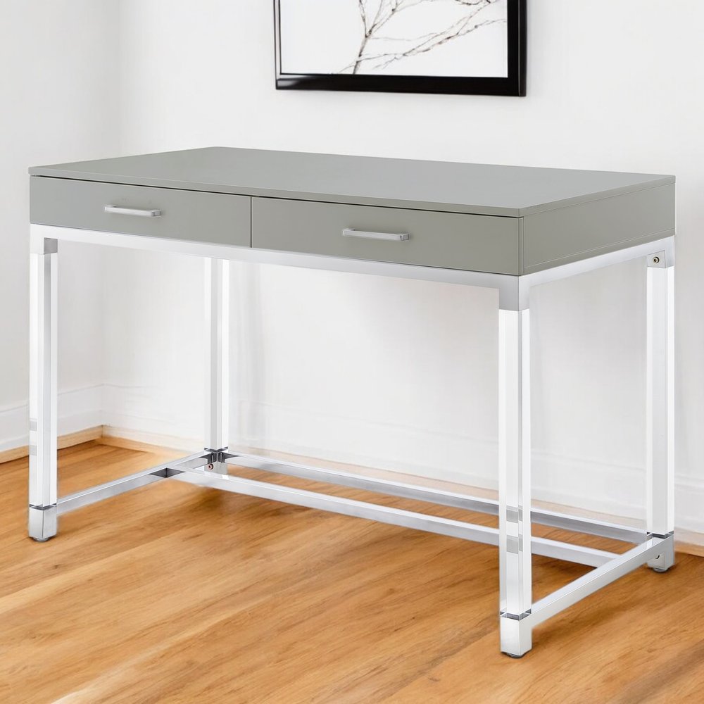 48" Black Clear and Gold Wood Acrylic and Stainless Steel Writing Desk With Two Drawers