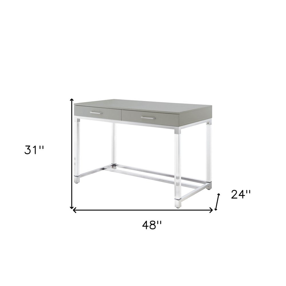 48" Black Clear and Gold Wood Acrylic and Stainless Steel Writing Desk With Two Drawers