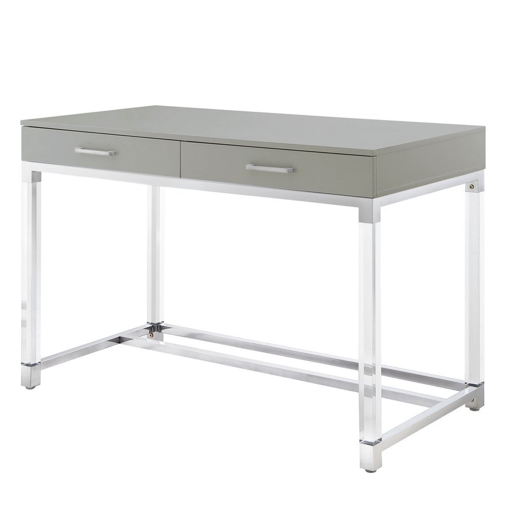 48" Black Clear and Gold Wood Acrylic and Stainless Steel Writing Desk With Two Drawers