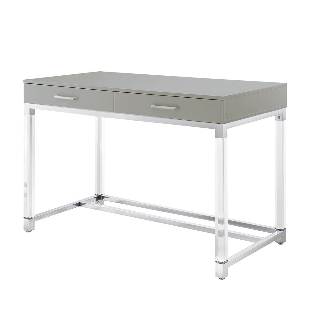 48" Black Clear and Gold Wood Acrylic and Stainless Steel Writing Desk With Two Drawers