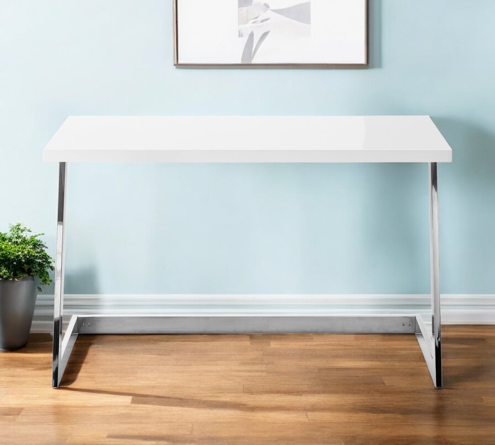 47" White and Silver Wood and Stainless Steel Sled Writing Desk