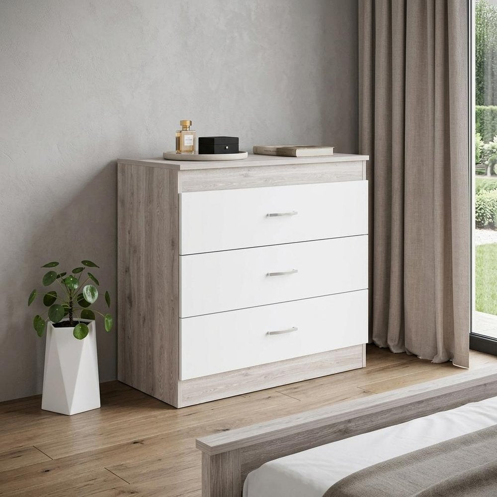 32" White And Gray Wood Three Drawer Dresser
