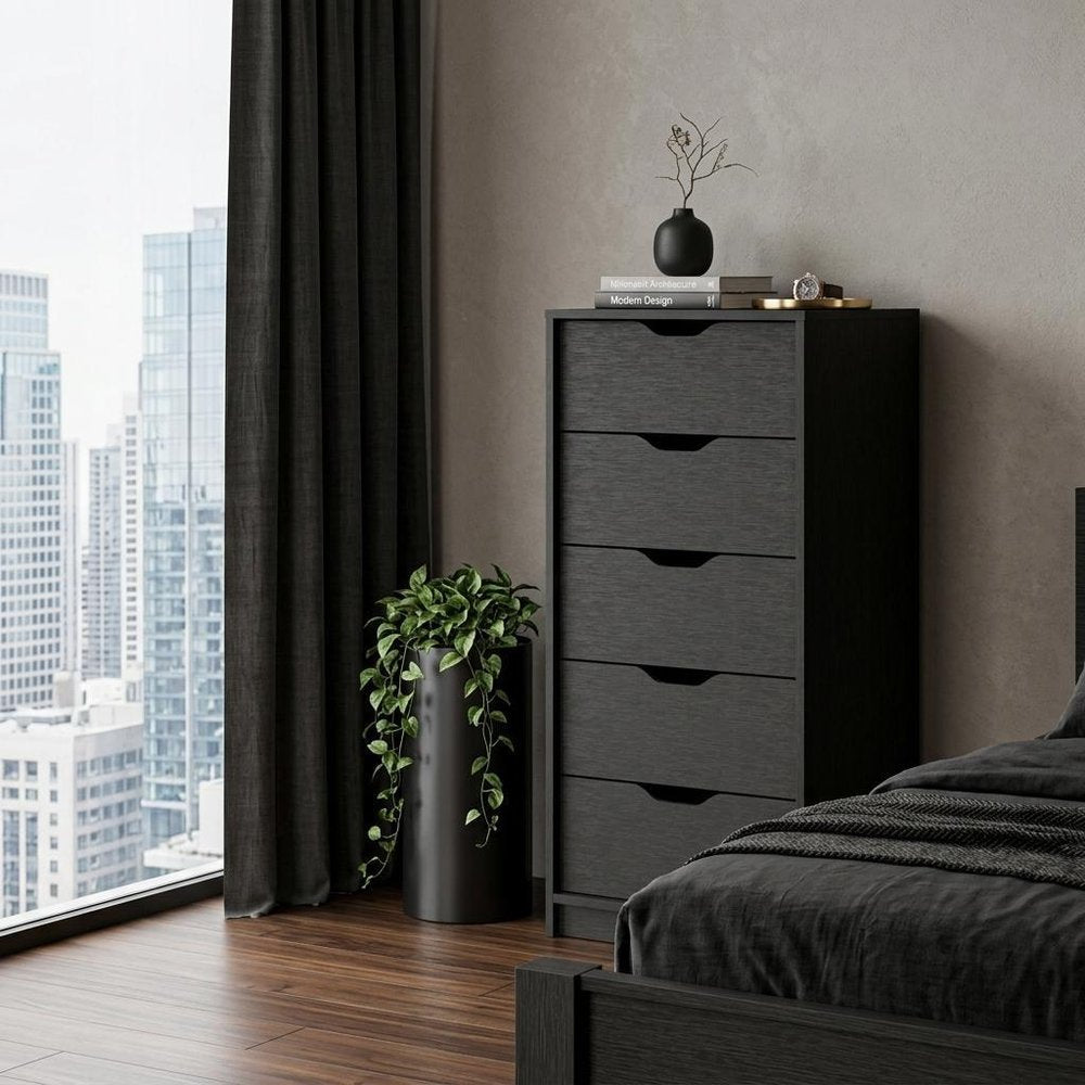 18" Black Wood Five Drawer Dresser