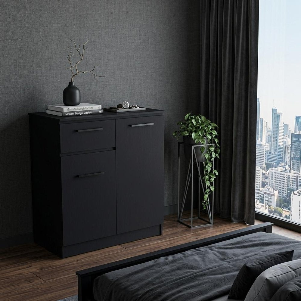 37" Black Wood Two Door Single Drawer Combo Dresser