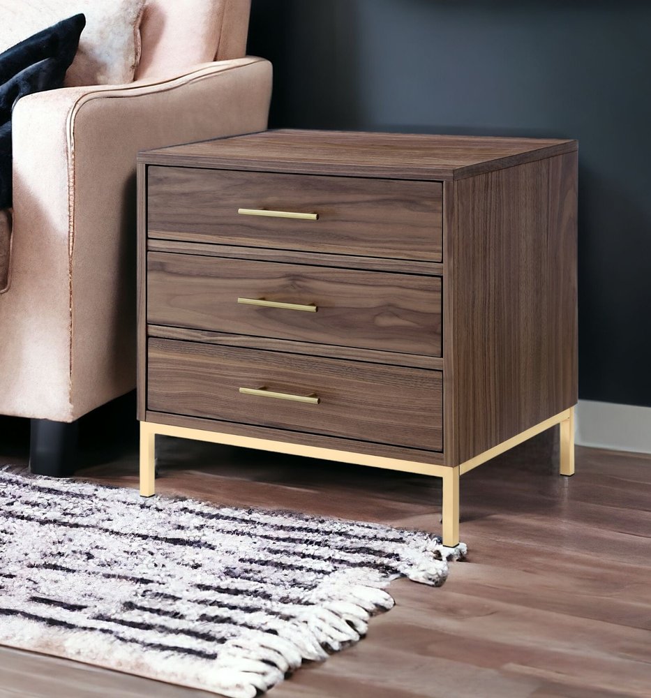 24" Gold And Wood Brown End Table With Three Drawers