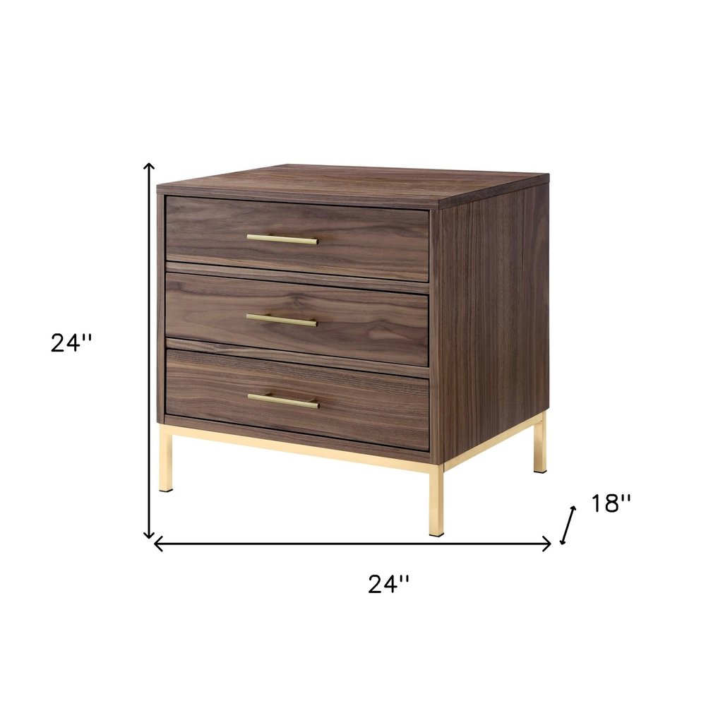 24" Gold And Wood Brown End Table With Three Drawers