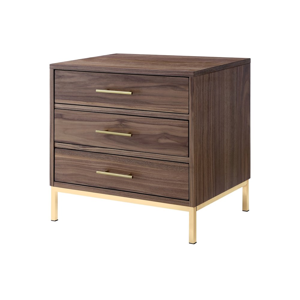 24" Gold And Wood Brown End Table With Three Drawers