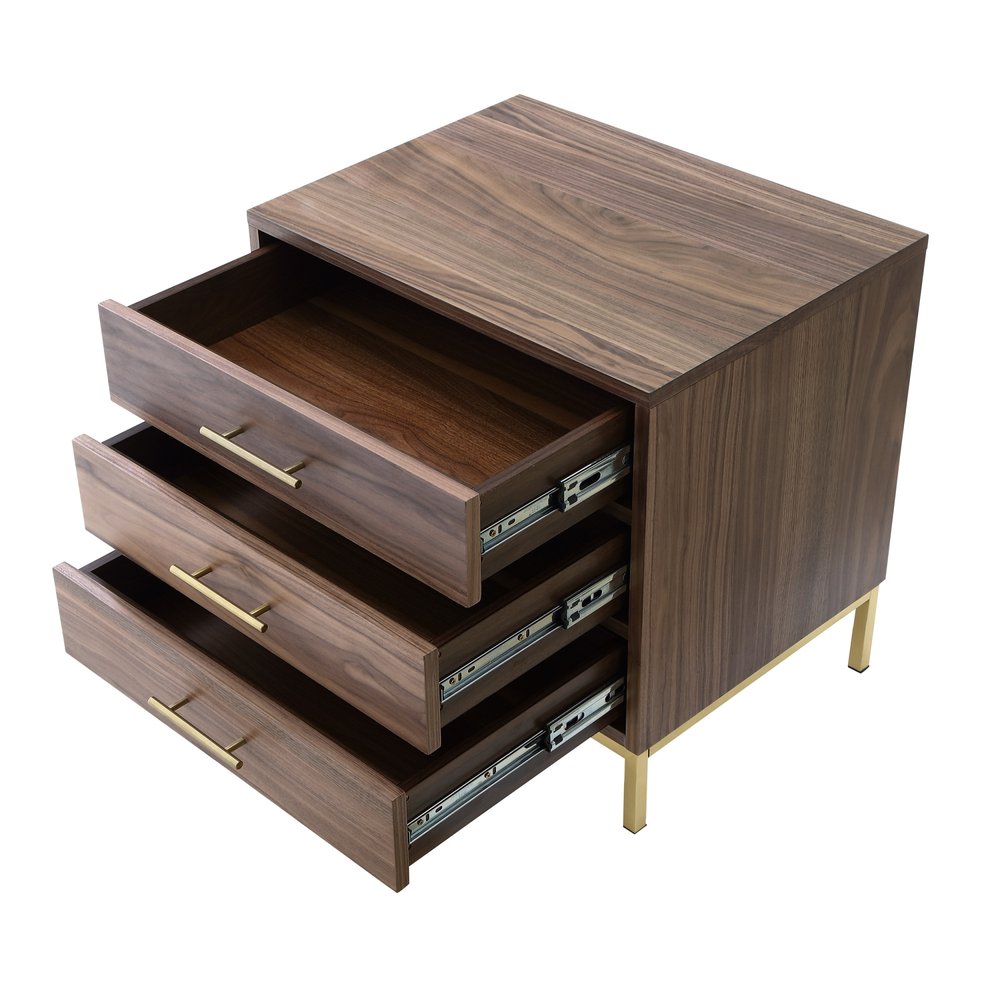 24" Gold And Wood Brown End Table With Three Drawers