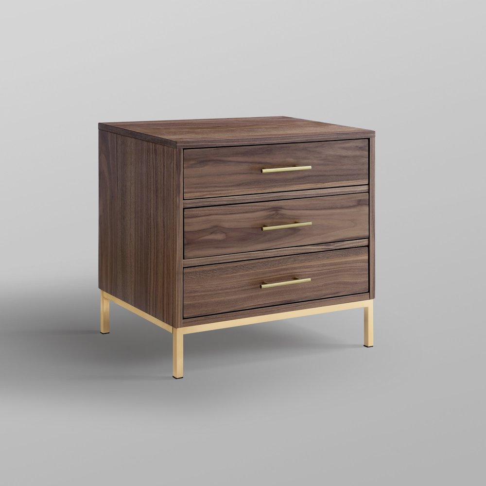 24" Gold And Wood Brown End Table With Three Drawers