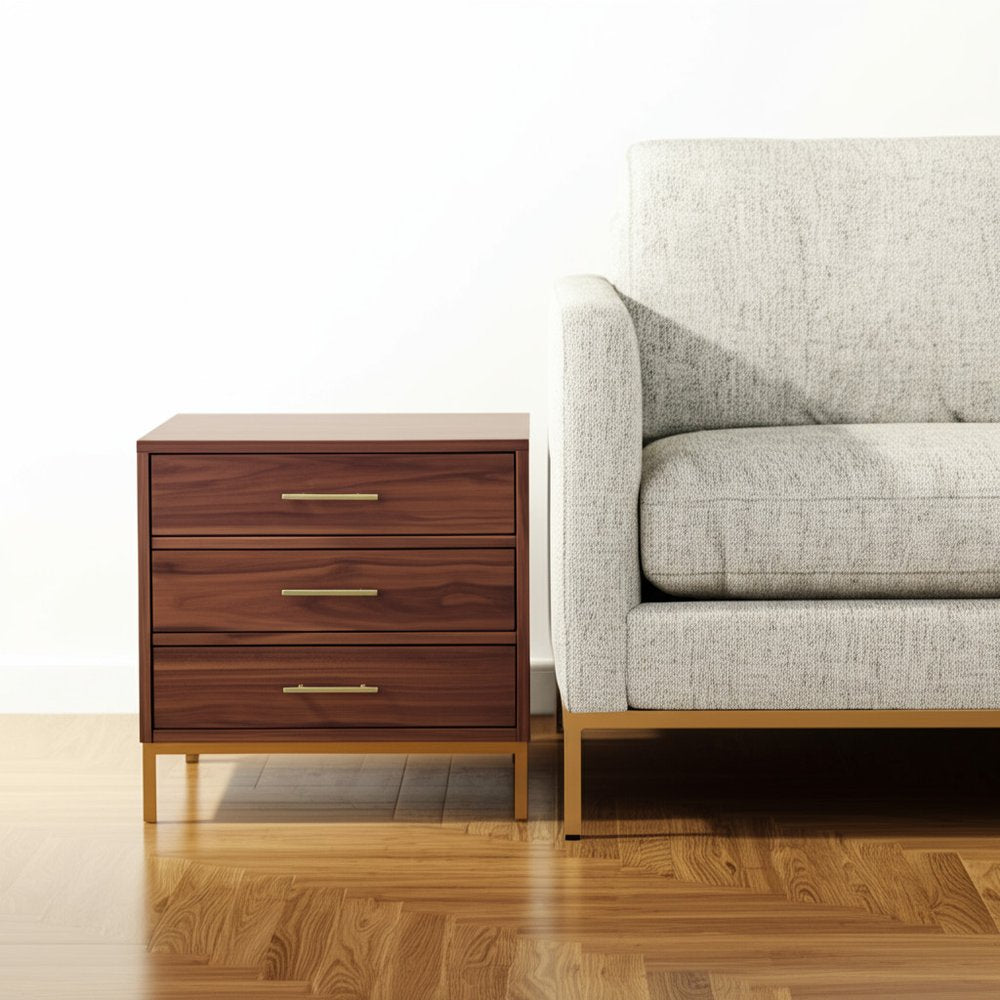 24" Gold And Wood Brown End Table With Three Drawers