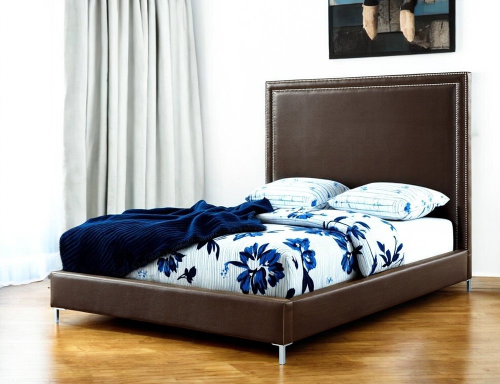 Navy Blue Solid Wood King Upholstered Velvet Bed with Nailhead Trim